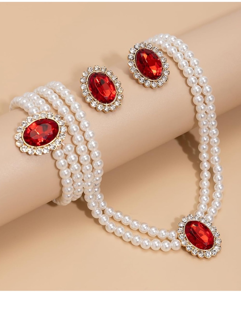 Pearl and Red Crystal Necklace & Earring Set - Elegant Women's Jewelry